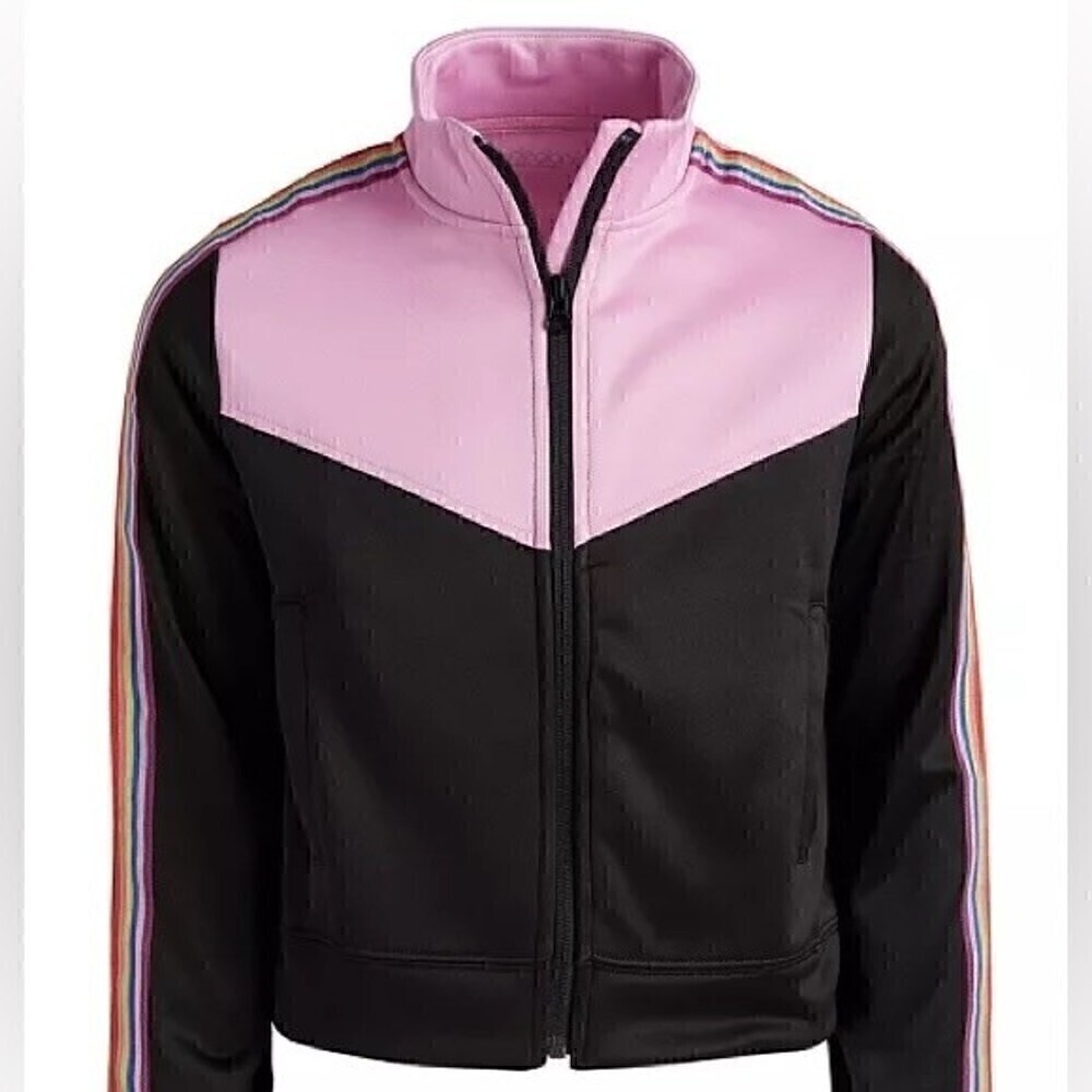 New Ideology Big Girls Rainbow Striped Track Jacket Pink/Black sweater s…